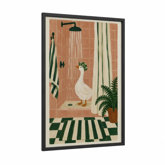 Goose In Shower Bathroom Wall Art framed geese print — black wood frame — peach and true green palette