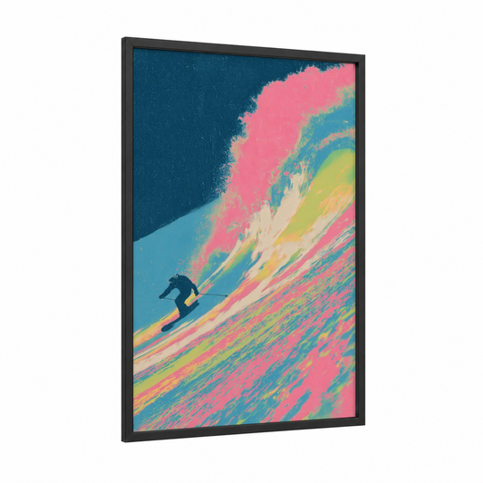 Neon Descent framed snowboarding print — black wood frame — pink and blue and yellow palette