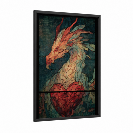 Crimson Dragon Heart framed art print — black wood frame — red and teal palette
