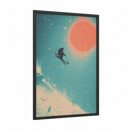Sunset Skier framed skiing print — black wood frame — teal and salmon pink palette
