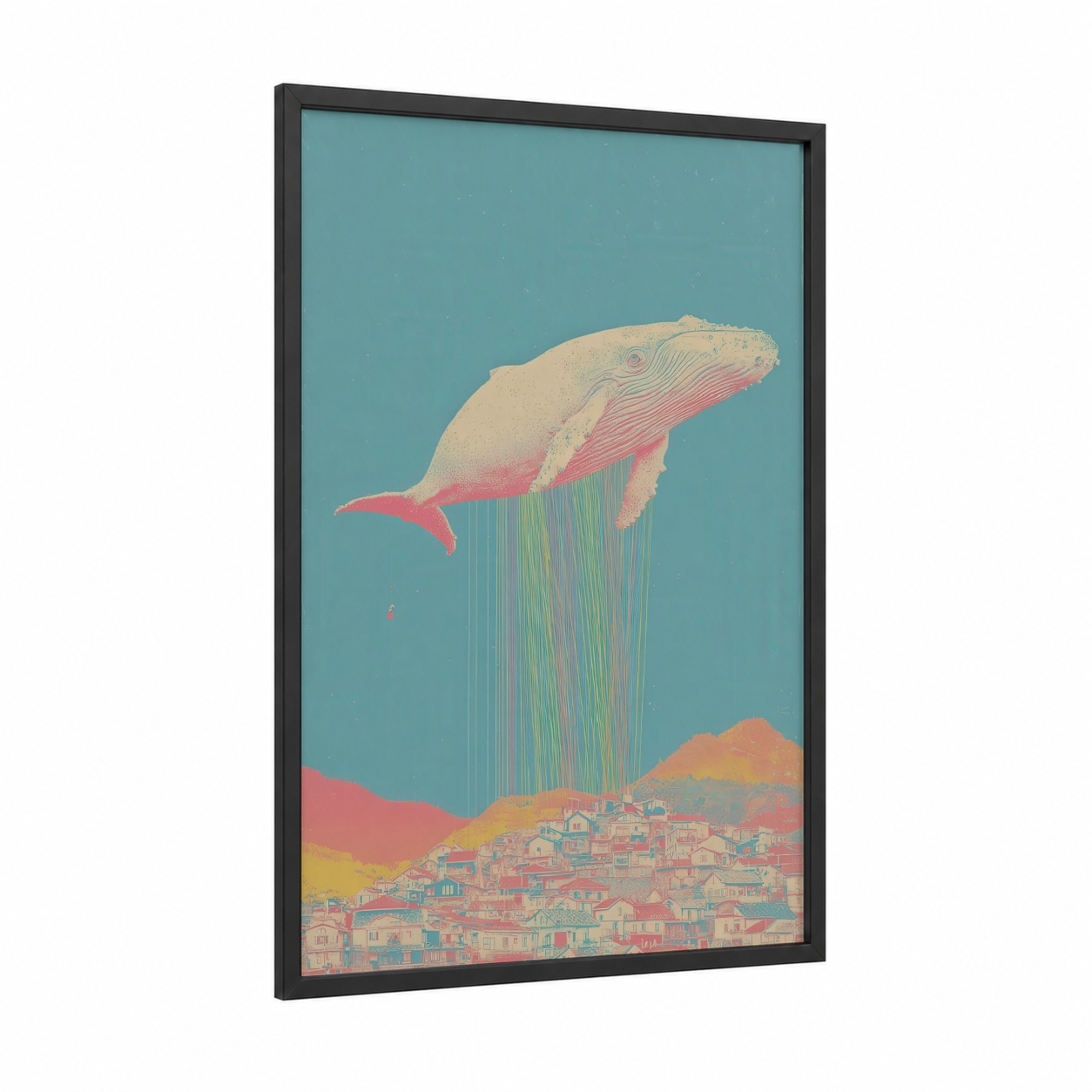 Dreaming Whale framed blue whale print — black wood frame — turquoise and salmon pink palette