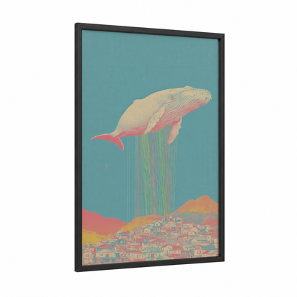 Dreaming Whale framed blue whale print — black wood frame — turquoise and salmon pink palette