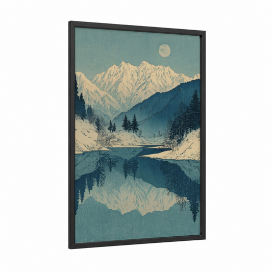 Moonlit Mountain Reflection framed snowy mountains print — black wood frame — blue and cream palette