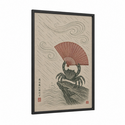Japanese Crab With Fan Wall Art framed art print — black wood frame — beige and salmon pink palette
