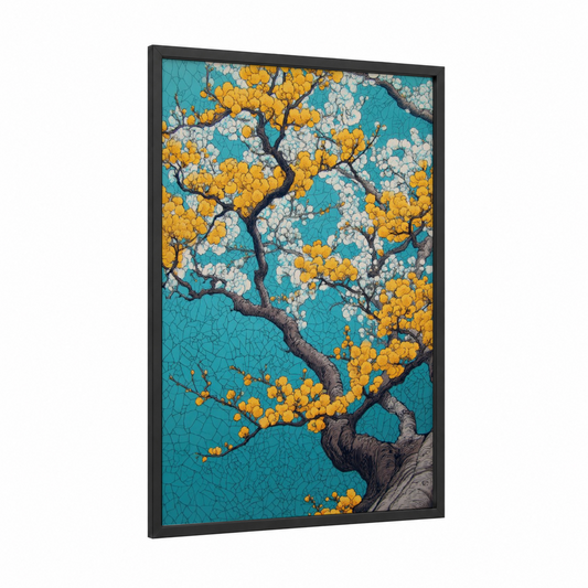 Golden Blossom Tree framed cherry blossoms print — black wood frame — yellow gold and teal palette