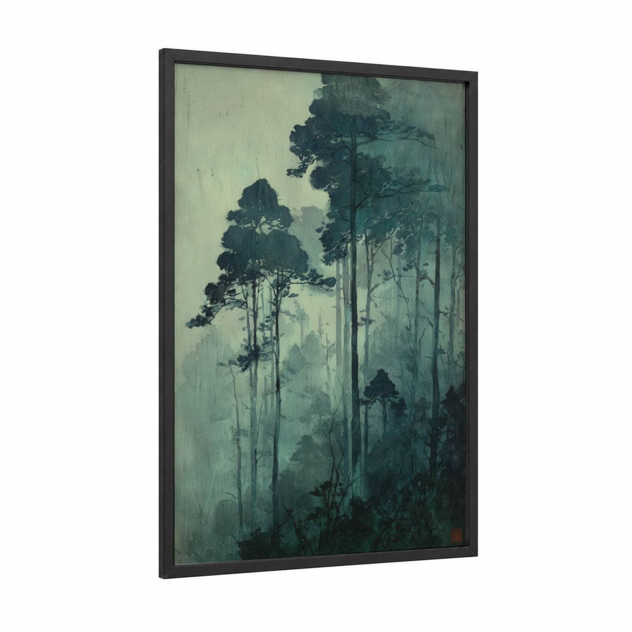 Misty Forest Pines framed forest trees print — black wood frame — sage green and gray palette