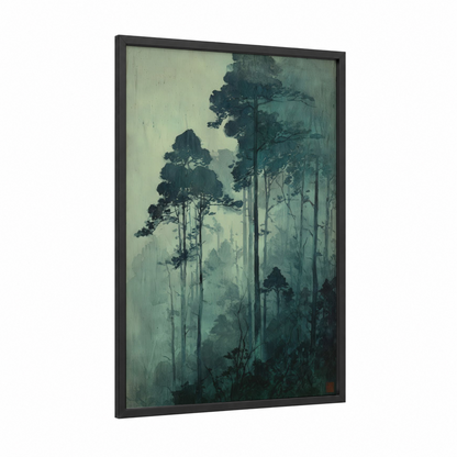 Misty Forest Pines framed forest trees print — black wood frame — sage green and gray palette