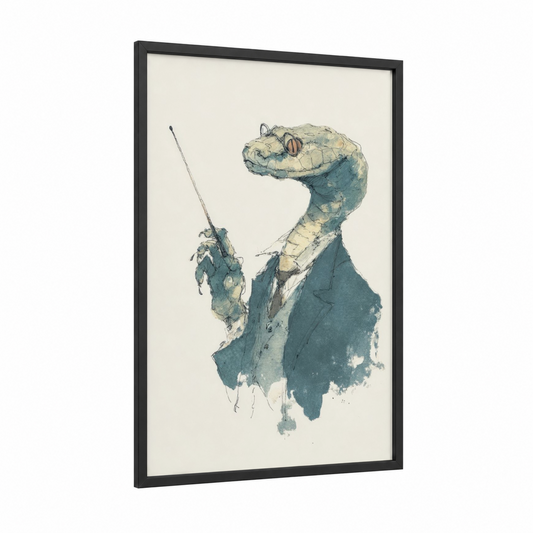 Dapper Rattlesnake framed art print — black wood frame — teal and cream palette