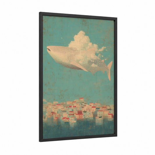 Dreaming Whale Shark framed art print — black wood frame — turquoise and peach palette