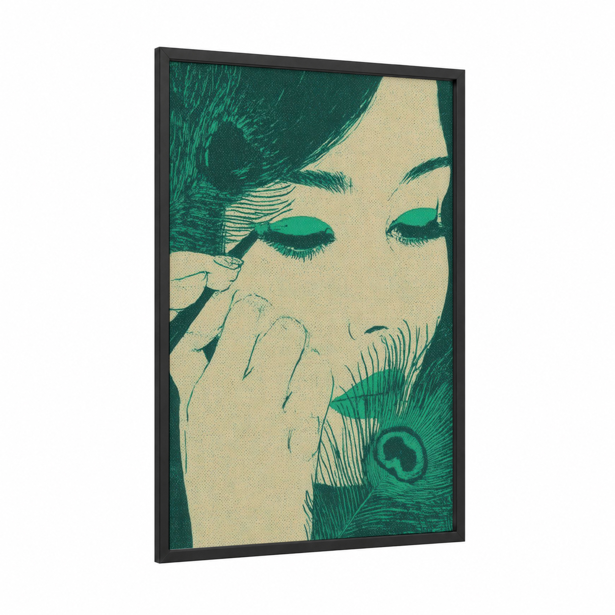 Emerald Elegance framed make up print — black wood frame — teal and cream palette