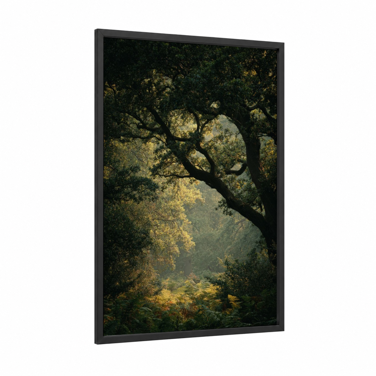 Golden Oak Canopy framed oak forest print — black wood frame — dark green and gold palette