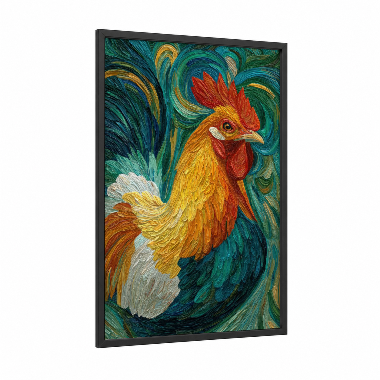 Golden Rooster Portrait framed chicken and roosters print — black wood frame — gold and teal palette