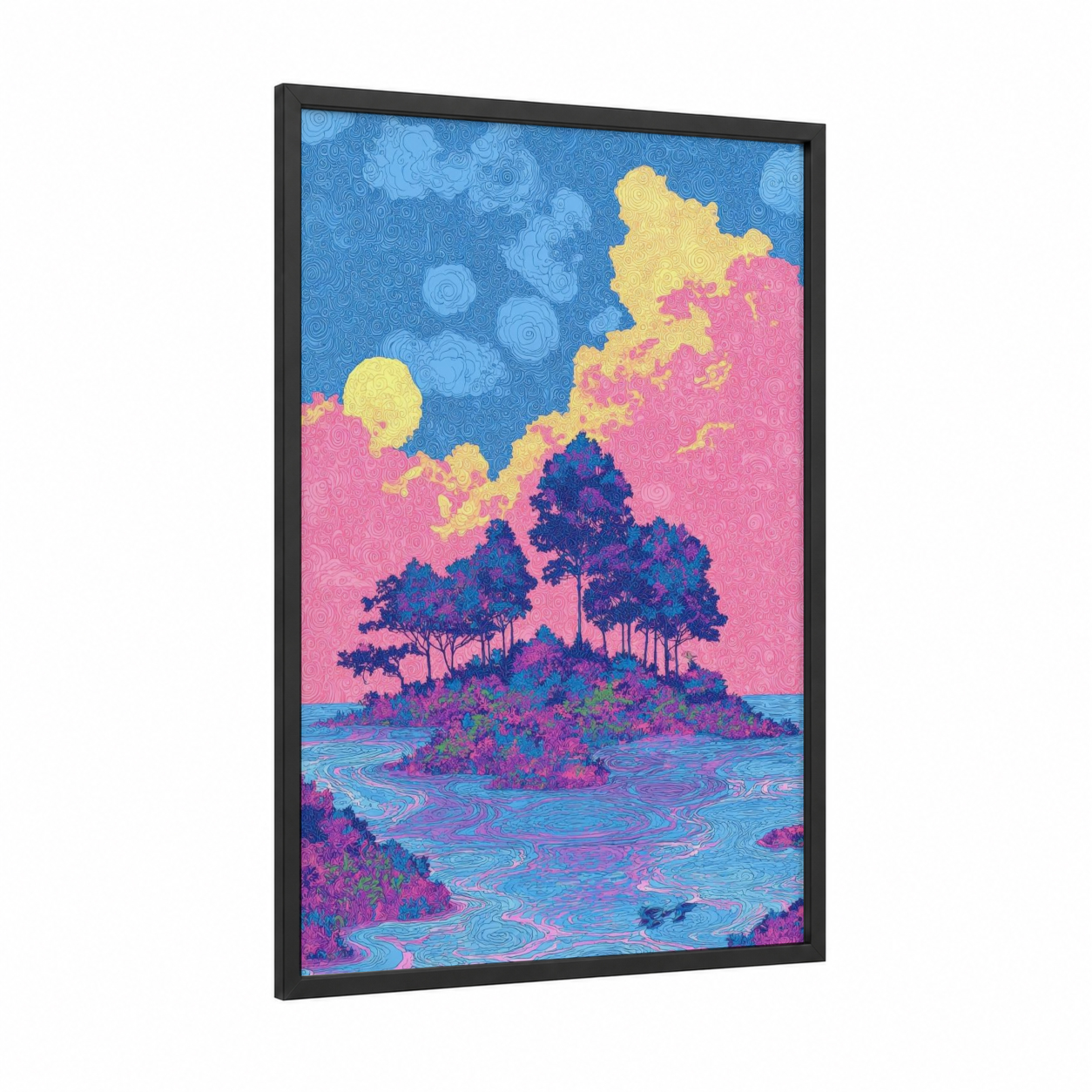 Tropical Island Dream framed art print — black wood frame — pink and blue palette
