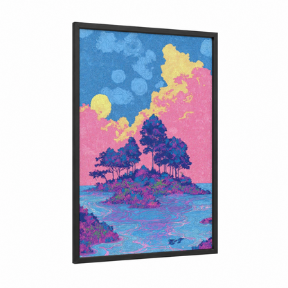 Tropical Island Dream framed art print — black wood frame — pink and blue palette