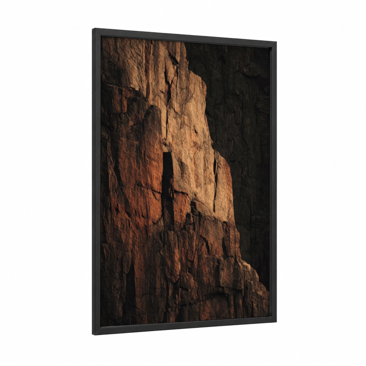 Golden Canyon Wall framed natural stones print — black wood frame — gold and russet palette