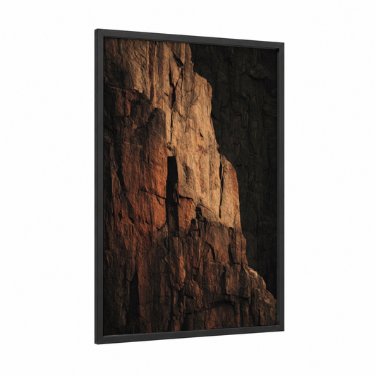 Golden Canyon Wall framed natural stones print — black wood frame — gold and russet palette