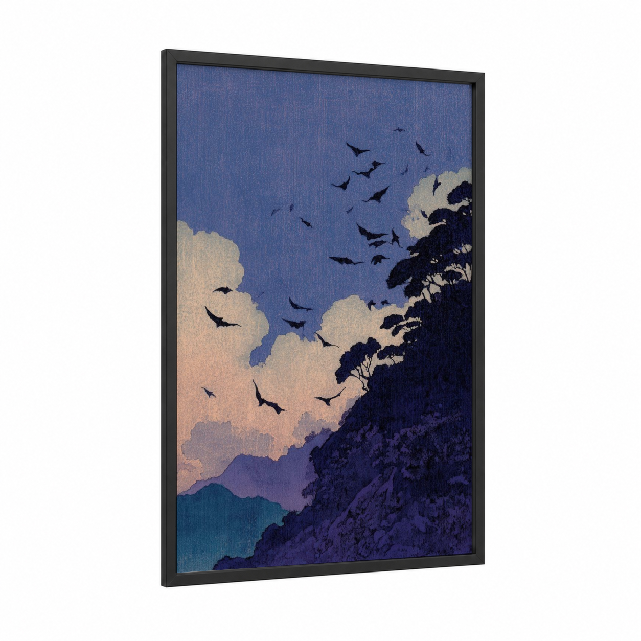 Twilight Flight framed bat print — black wood frame — blue and cream palette