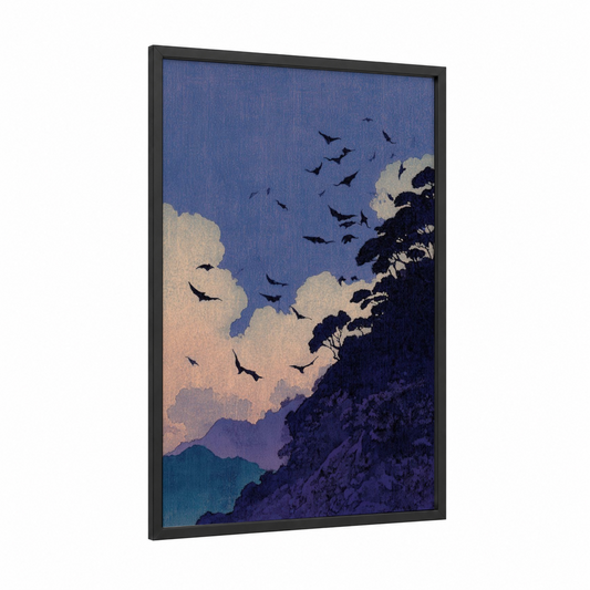 Twilight Flight framed bat print — black wood frame — blue and cream palette