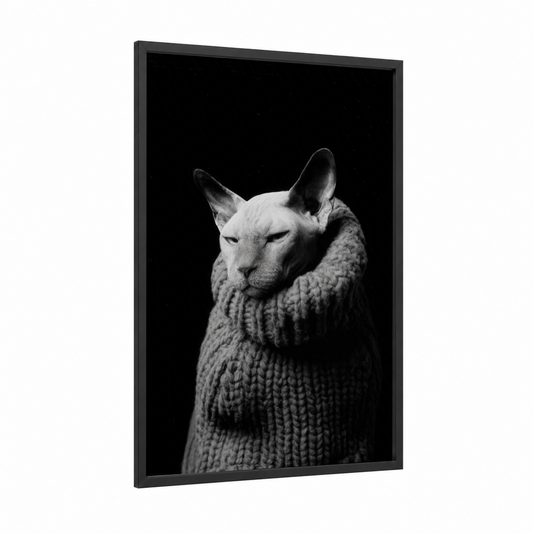 Cozy Cat Portrait framed art print — black wood frame — black and white and gray palette