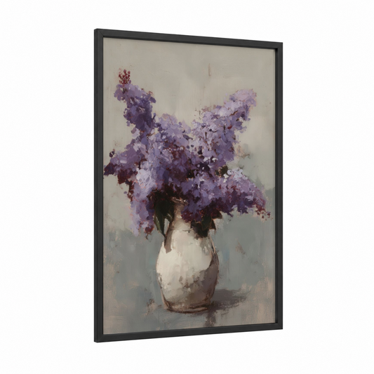 Purple Lilac Bouquet framed art print — black wood frame — purple and cream palette