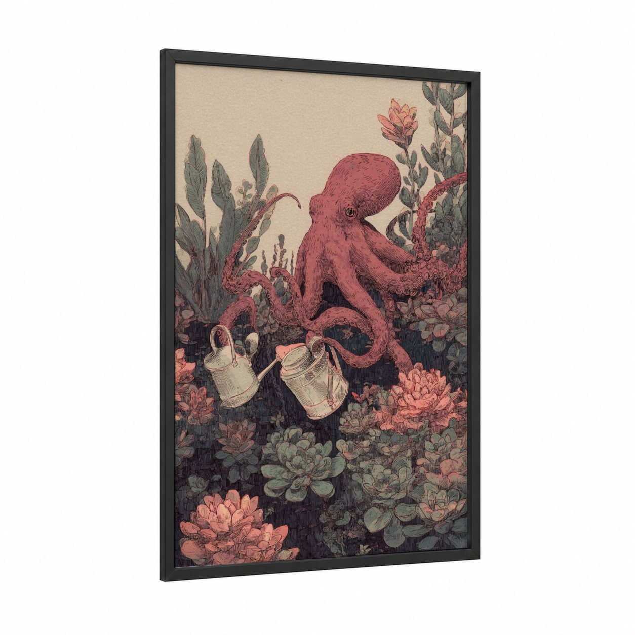 Gardening Octopus framed art print — black wood frame — rose gold and sage green palette