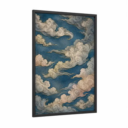 Japanese Cloud Sky Wall Art framed art print — black wood frame — blue and gold palette