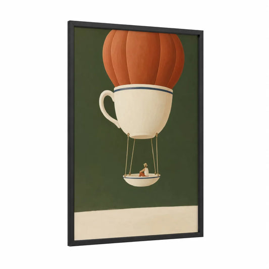 Surreal Coffee Cup Hot Air Balloon Wall Art framed art print — black wood frame — cream and olive palette