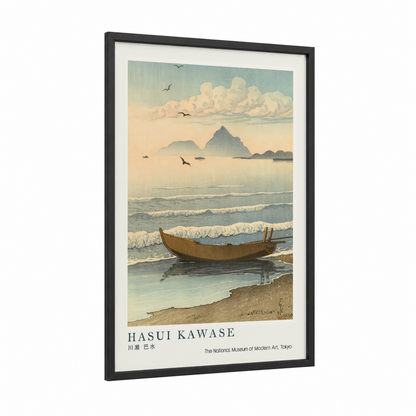 Serene Coastal Landscape framed seascapes and ocean print — black wood frame — cream and blue and white palette