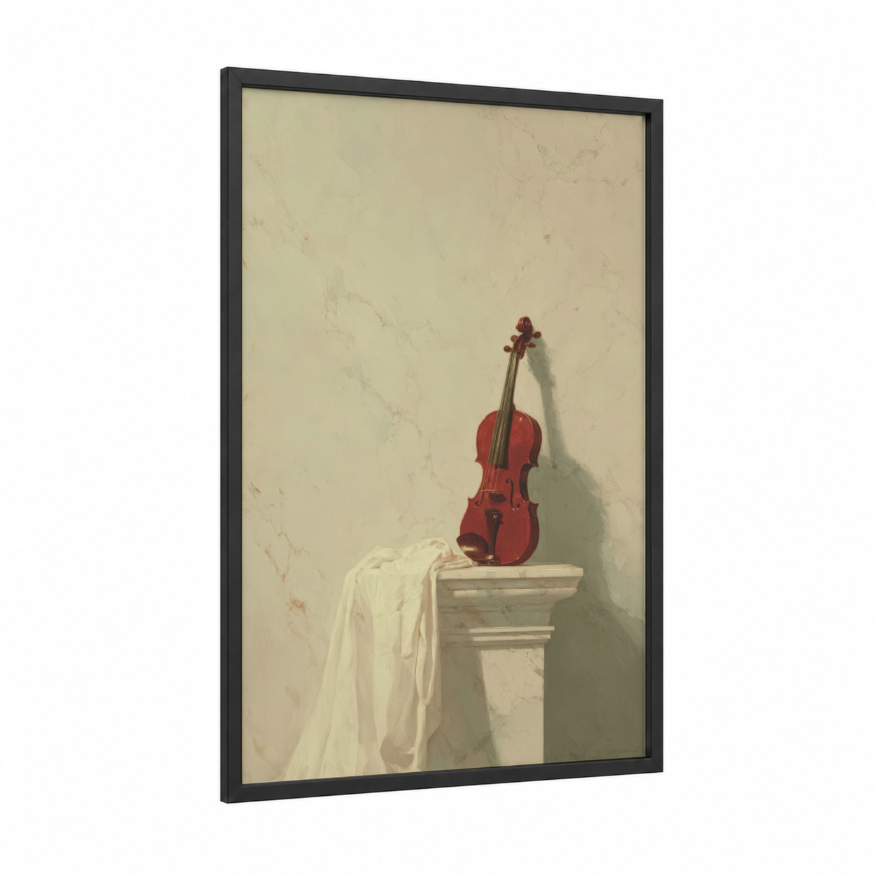 Red Violin Elegance framed art print — black wood frame — red and cream palette