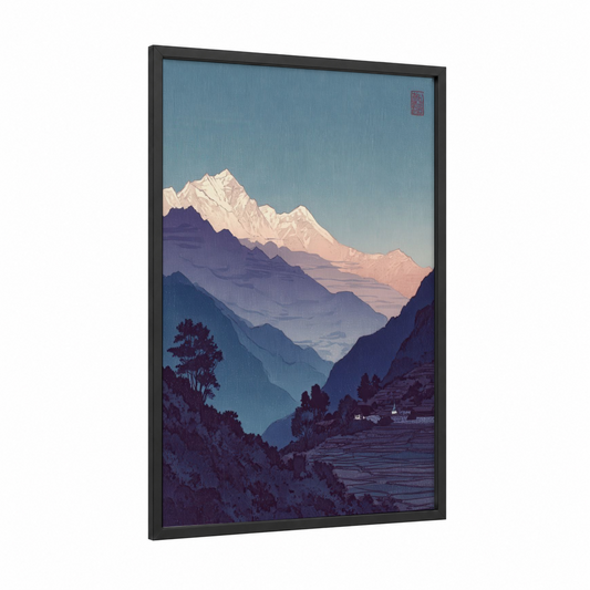 Alpine Everest Dawn framed mount everest print — black wood frame — blue and blue and gold palette