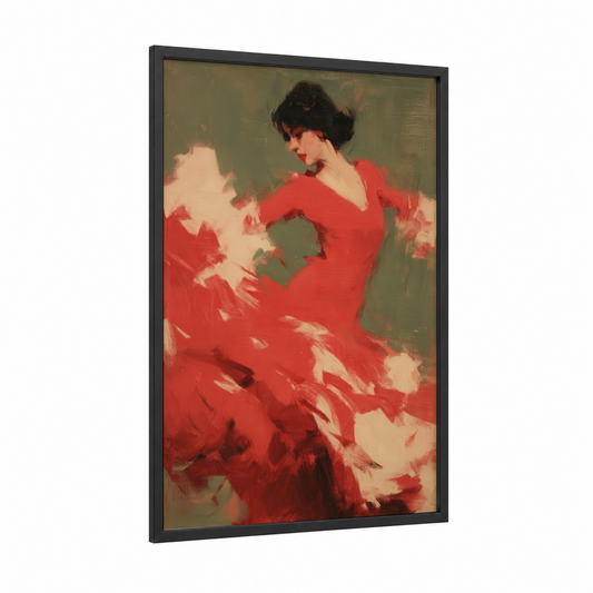 Crimson Flamenco framed art print — black wood frame — red and sage green palette