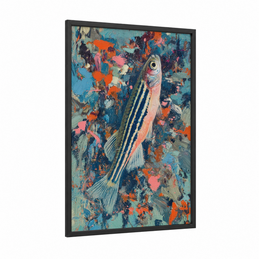 Coral Zebrafish framed art print — black wood frame — orange and blue palette