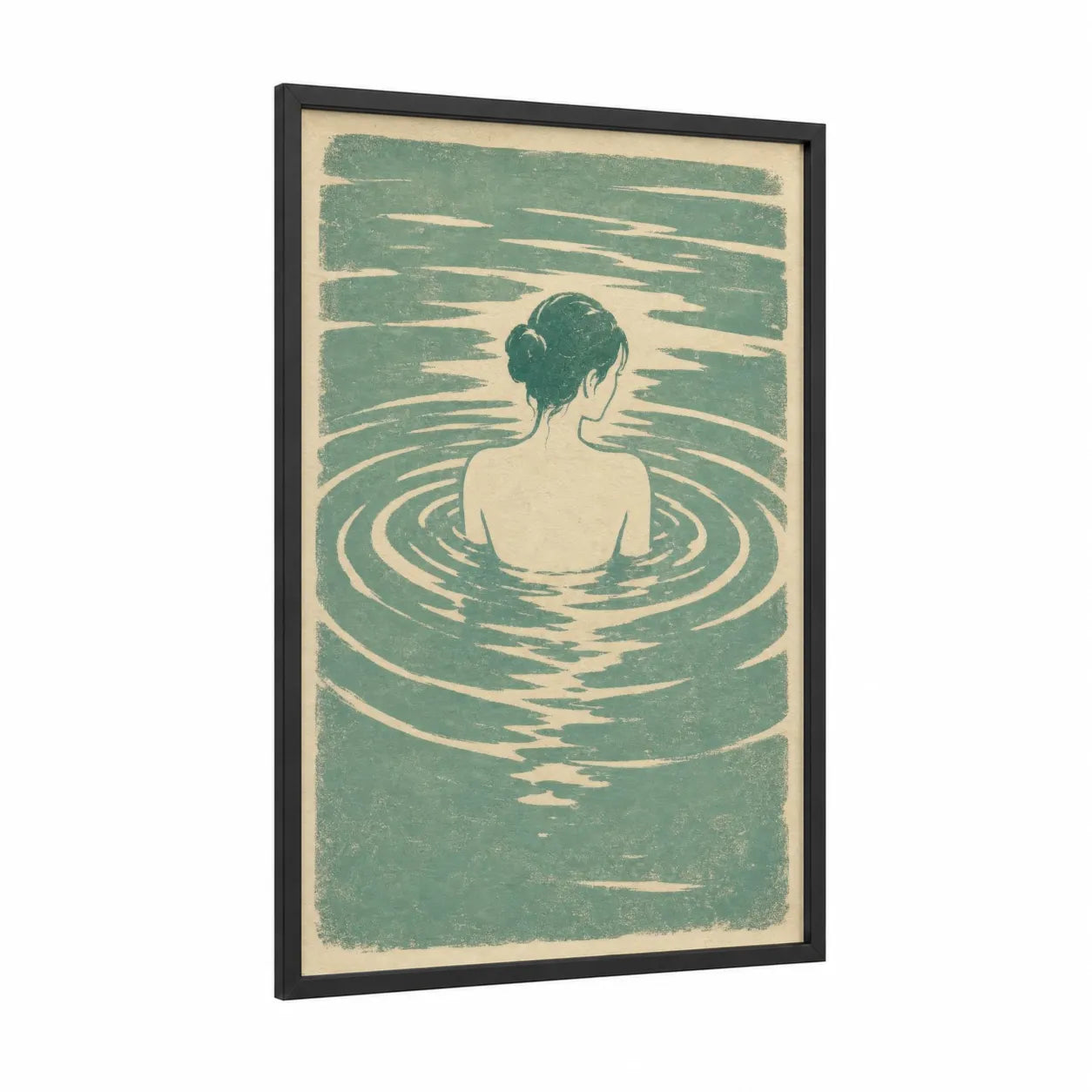 Woman In Water Wall Art framed swimming print — black wood frame — teal and cream palette