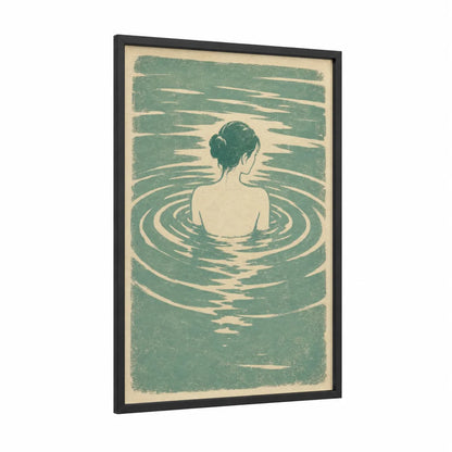 Woman In Water Wall Art framed swimming print — black wood frame — teal and cream palette