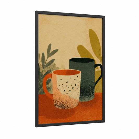 Minimalist Coffee Mugs framed kitchen utensils print — black wood frame — cream and olive palette