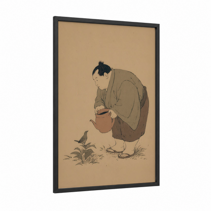 Contemplative Sumo framed art print — black wood frame — beige and brown palette