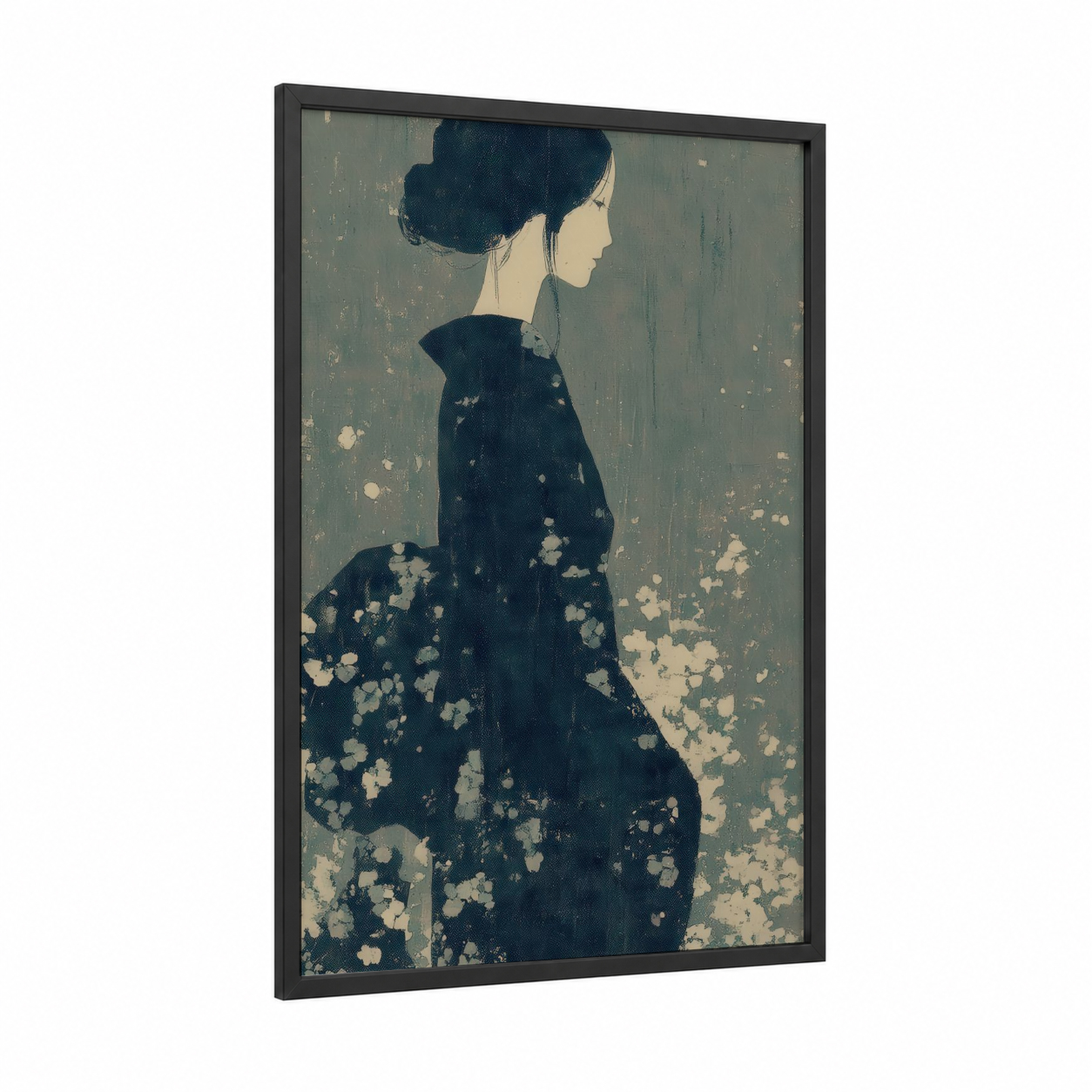 Elegant Kimono Woman framed fashion illustration print — black wood frame — dove gray and cream palette