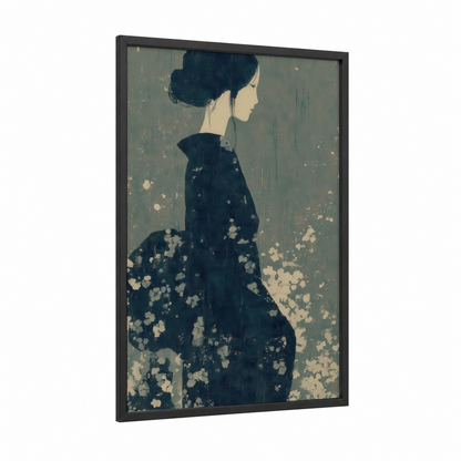 Elegant Kimono Woman framed fashion illustration print — black wood frame — dove gray and cream palette