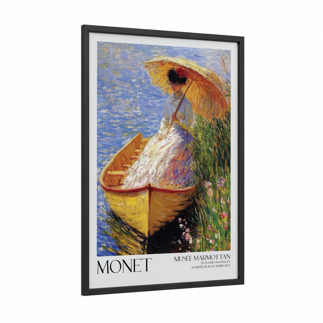 Riverside Parasol framed boat print — black wood frame — blue and gold palette