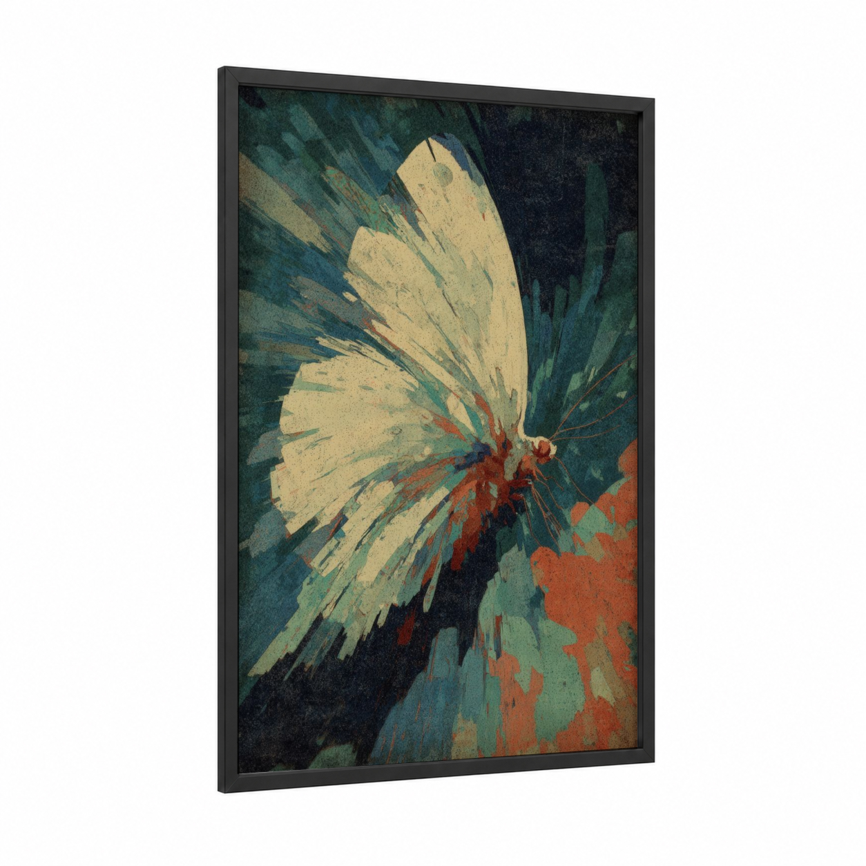 Cream Butterfly Dream framed art print — black wood frame — teal and cream palette