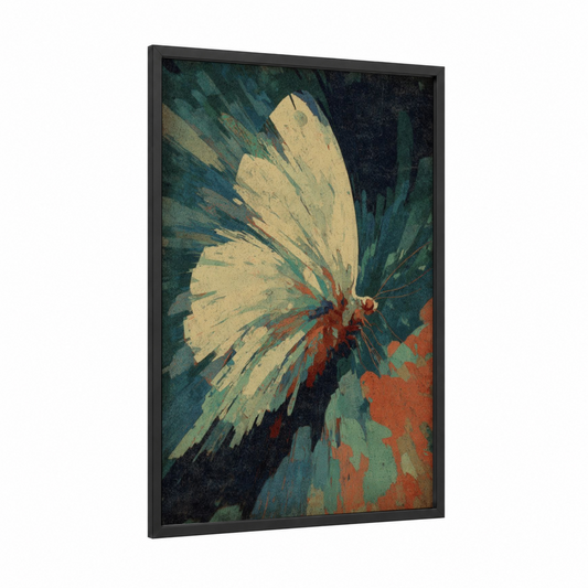 Cream Butterfly Dream framed art print — black wood frame — teal and cream palette