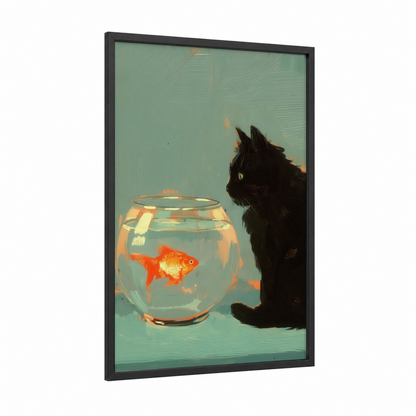 Curious Black Cat framed goldfish print — black wood frame — light green and gold palette