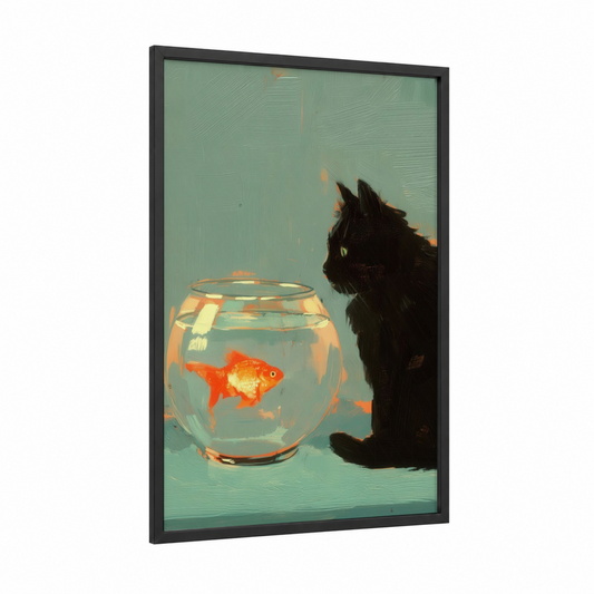 Curious Black Cat framed goldfish print — black wood frame — light green and gold palette