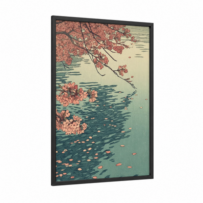 Blossom River framed rivers print — black wood frame — salmon pink and teal palette