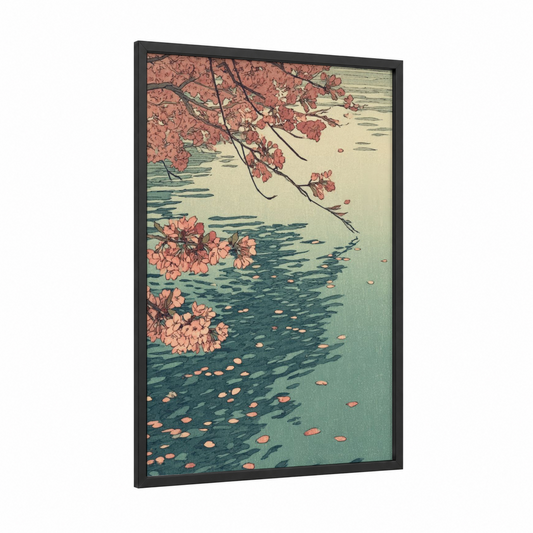Blossom River framed rivers print — black wood frame — salmon pink and teal palette