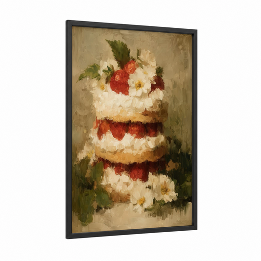 Floral Wedding Cake framed sweet print — black wood frame — cream and red palette