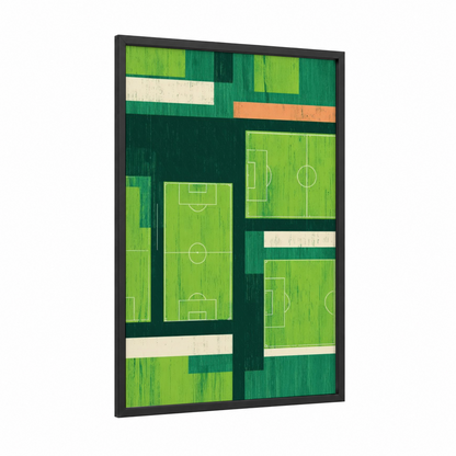 Soccer Field Geometry framed stadiums and fields print — black wood frame — lime green and dark green palette