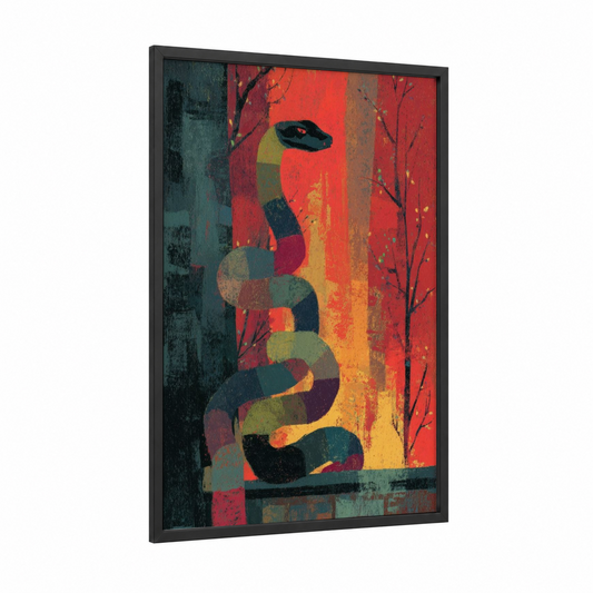 Abstract Python framed art print — black wood frame — red and gold palette