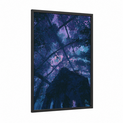 Twilight Vineyard framed wineries and cellars print — black wood frame — purple and blue palette