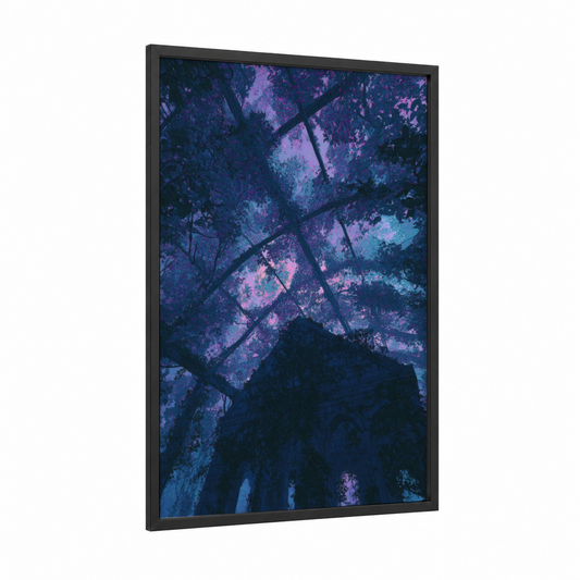Twilight Vineyard framed wineries and cellars print — black wood frame — purple and blue palette
